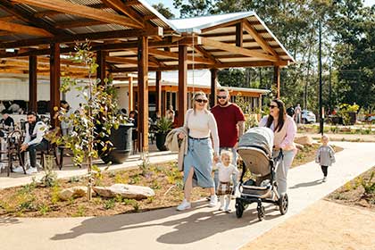 Family walking into The Orchard