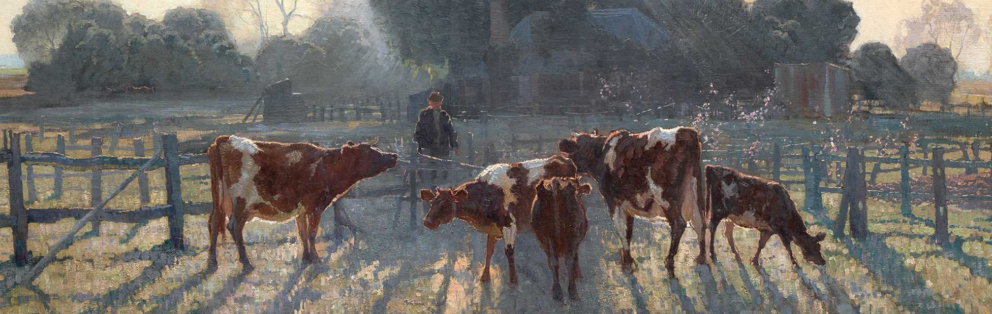 Image of 'Spring frost' by Gunner, farmer walking from house to cows in field