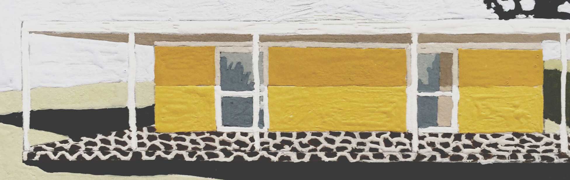 Artwork of yellow house with white roof