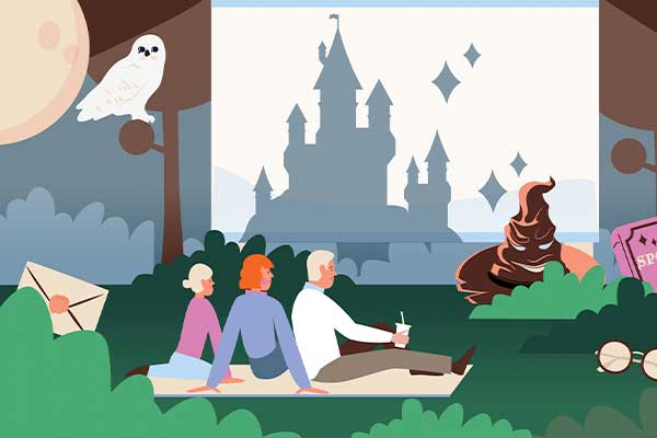 Cartoon of people enjoying movie in park