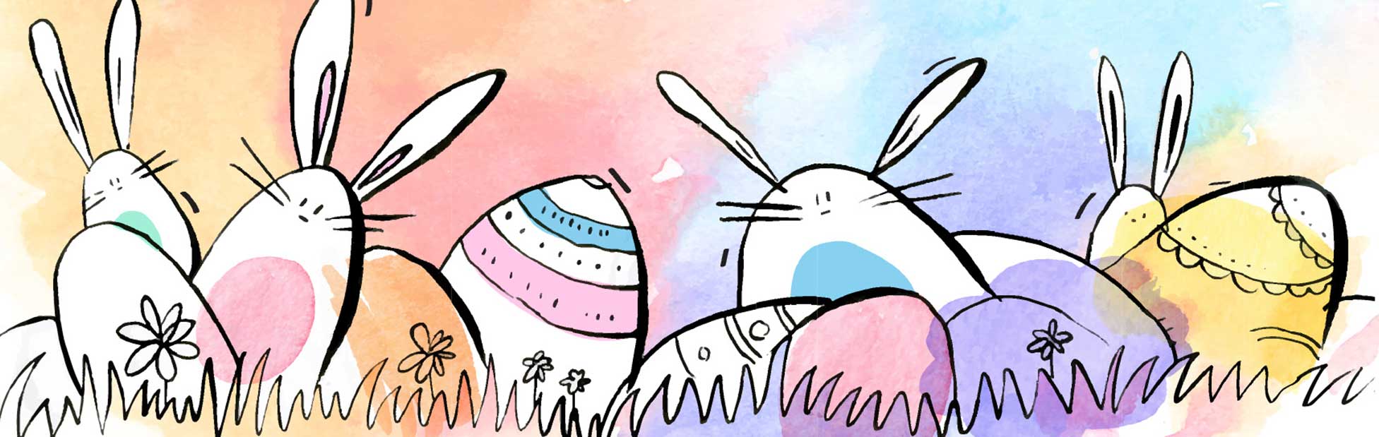 Cartoon of Easter bunnies and eggs