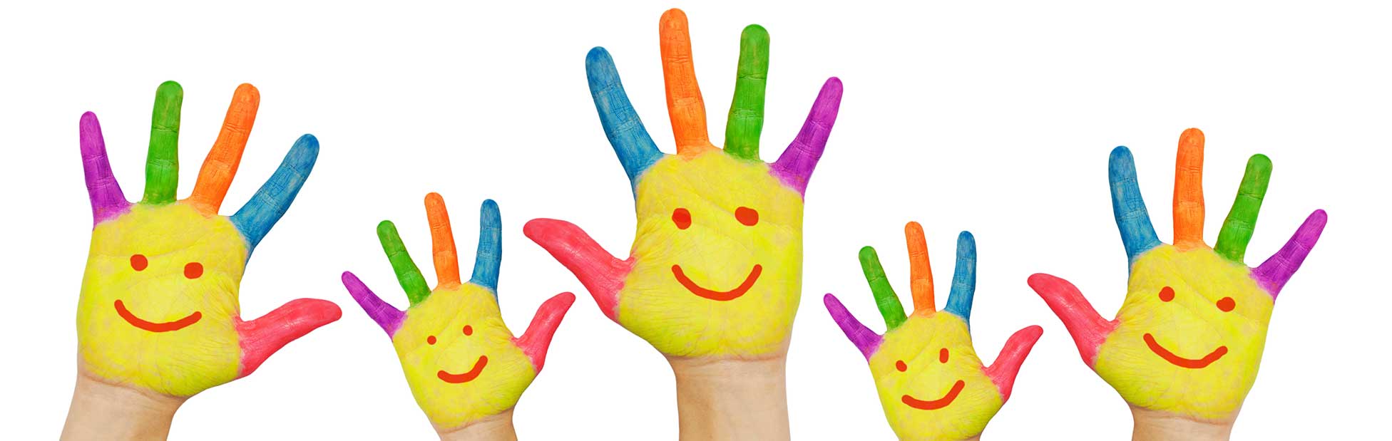 Painted hands with smiley faces waving
