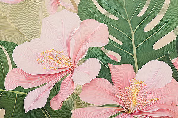 painting of monstera leaves and pink flowers on pale beige background with a mothers day feel
