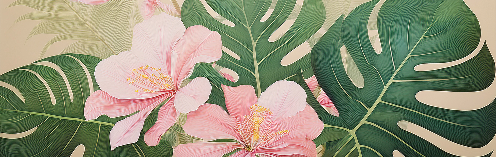 painting of monstera leaves and pink flowers on pale beige background with a mothers day feel