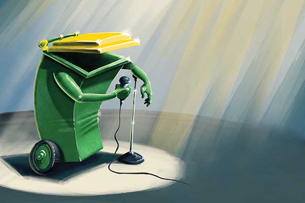 Image of a bin doing stand up comedy