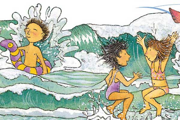 Cartoon children swimming in waves at beach