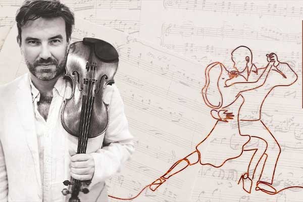 man with violin and line drawing of couple dancing