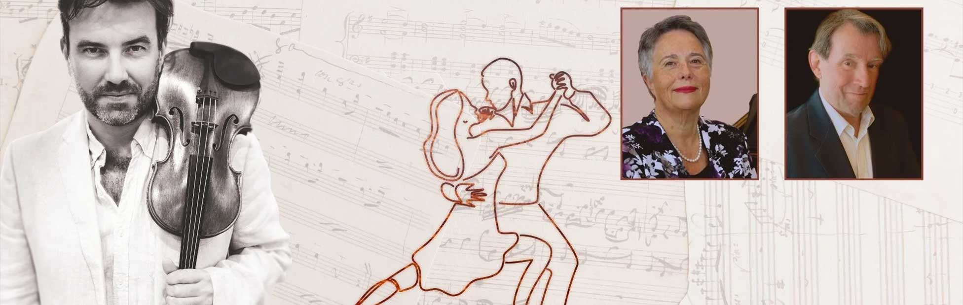 man with violin and line drawing of couple dancing