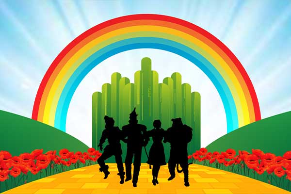 rainbow and cast on yellow brick road