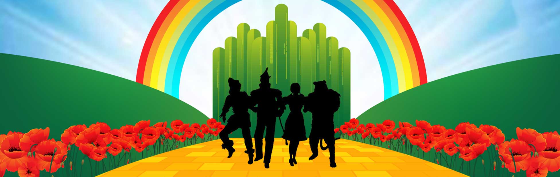 rainbow and cast on yellow brick road