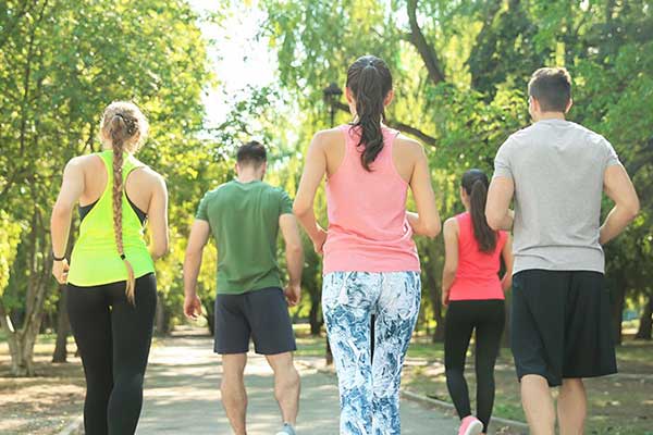 Five people walking along tree lined path