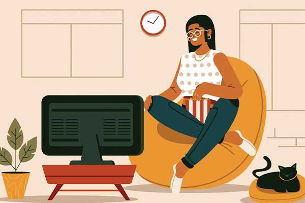 Cartoon female on couch watching TV