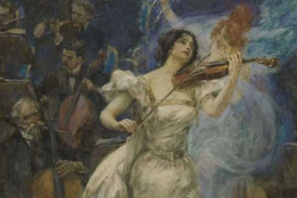 painting of woman playing violin in front of orchestra