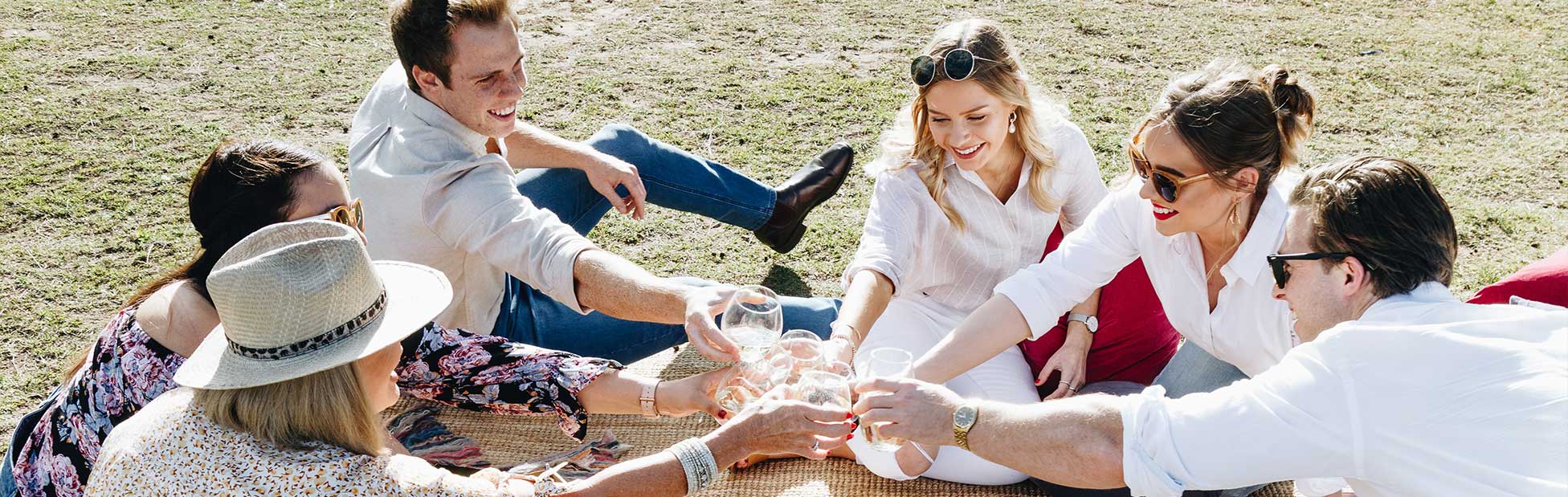 Six happy people having a picnic