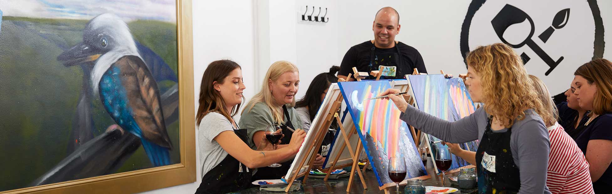 Women in art class painting at easels