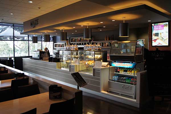 The counter at the Penrith RSL with cofee making machine, cake window and drink fridge