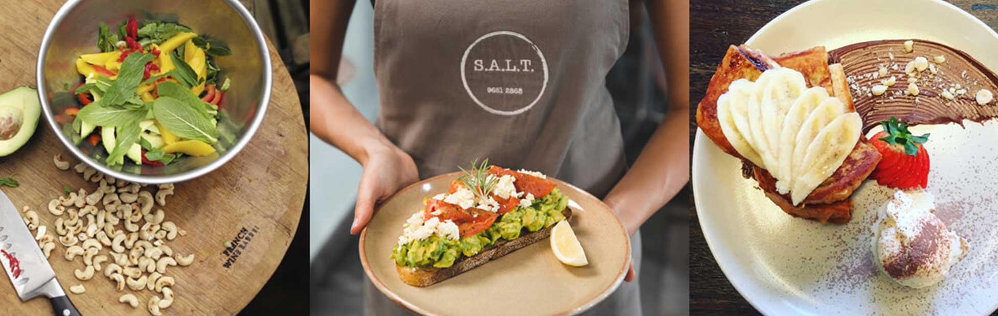 Waitress holding coffee wearing SALT logo t-shirt