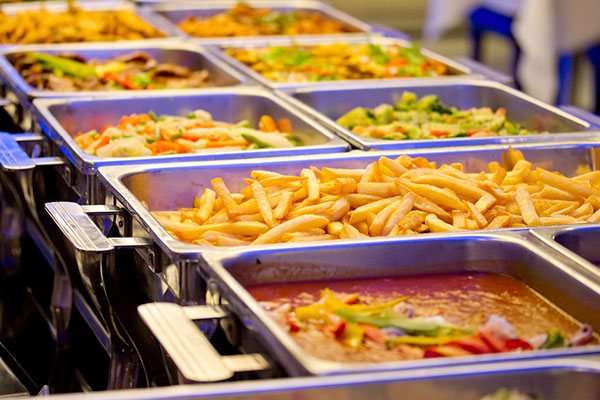 Trays of food served at a buffet